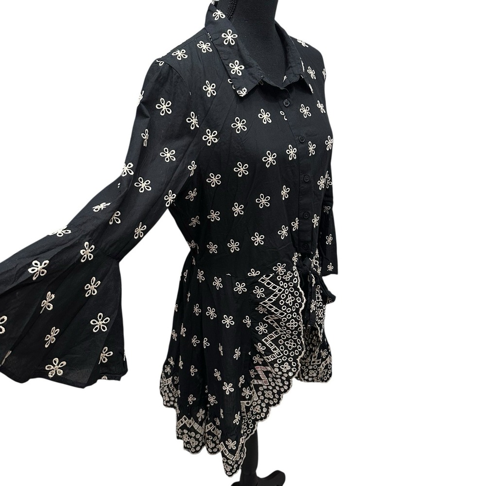 Venus Sz 16 Top High Low Button Front Black Beige Embroidered Eyelet Bell Sleeve - Picture 4 of 9